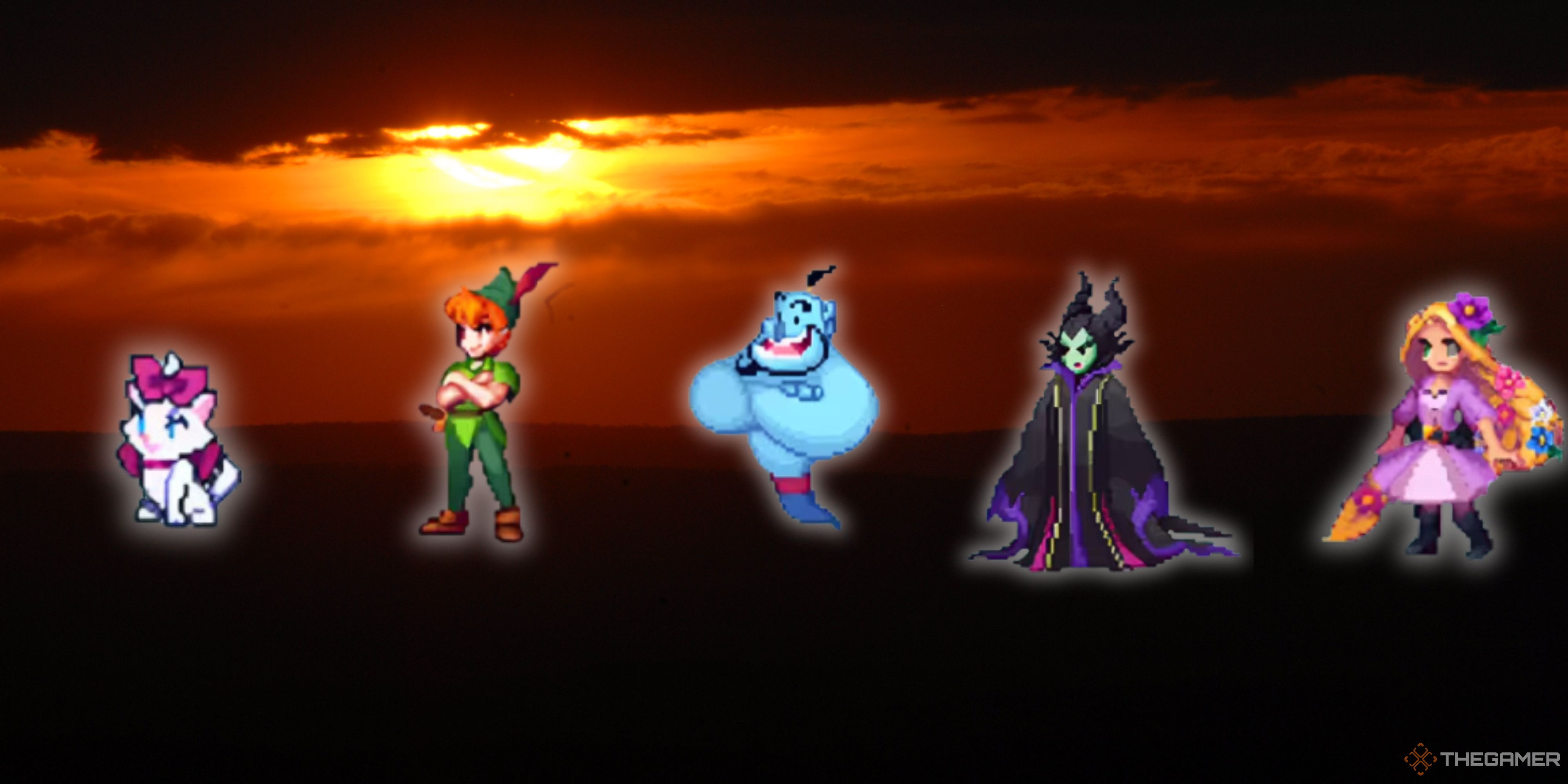 Marie, Peter Pan, Genie, Maleficent, and Rapunzel are lined up against a sunset.