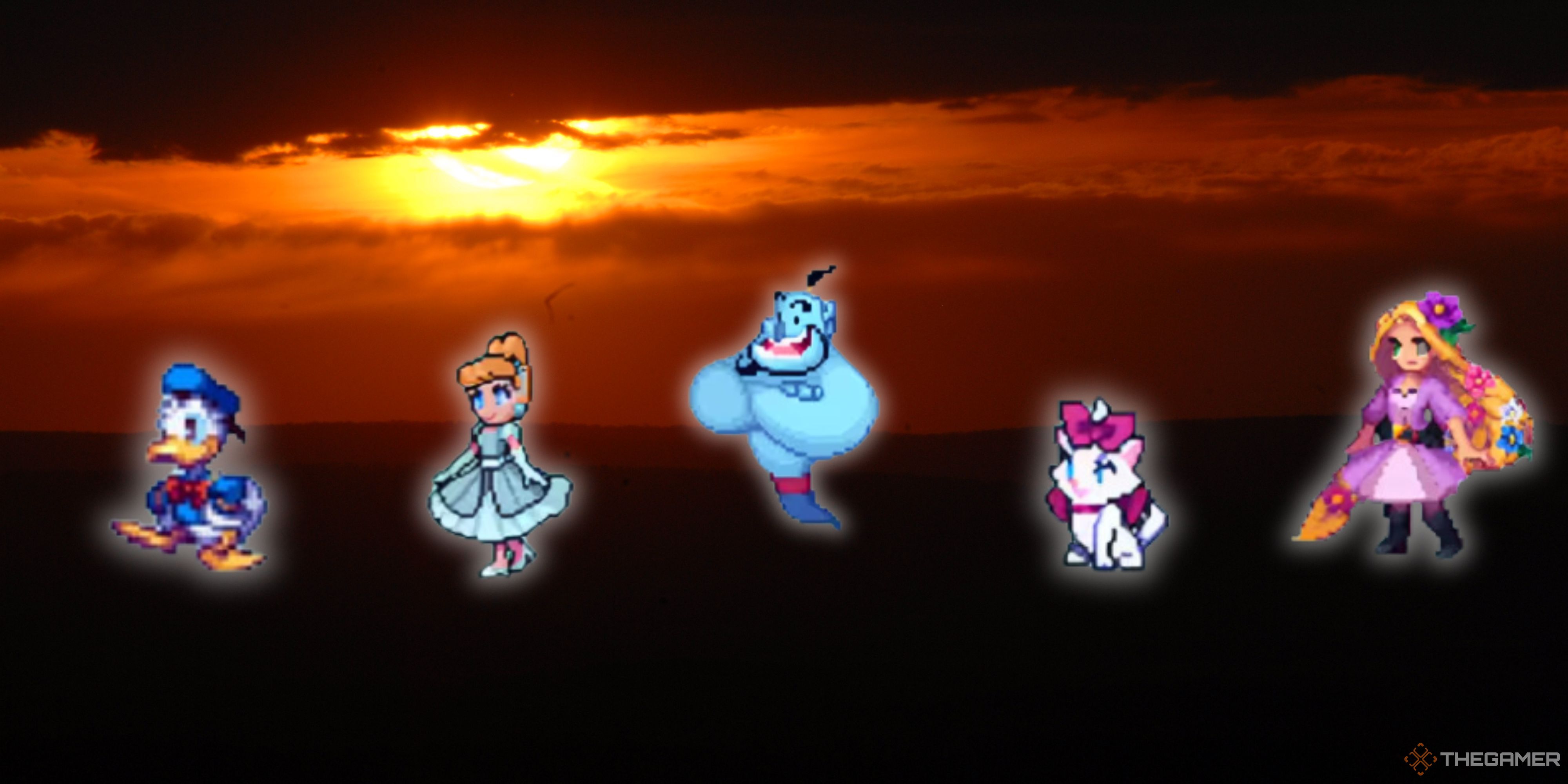 Donald Duck, Cinderella, Genie, Marie, and Rapunzel are lined up against a sunset.