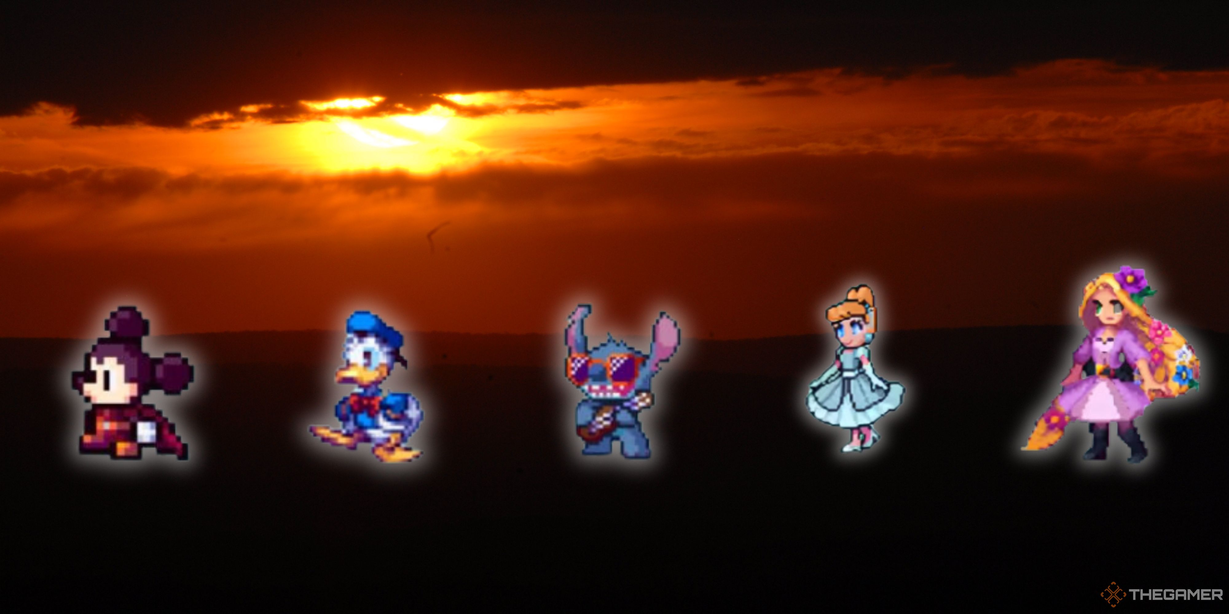 Mickey Mouse, Donald Duck, Stitch, Cinderella, and Rapunzel are lined up against a sunset.