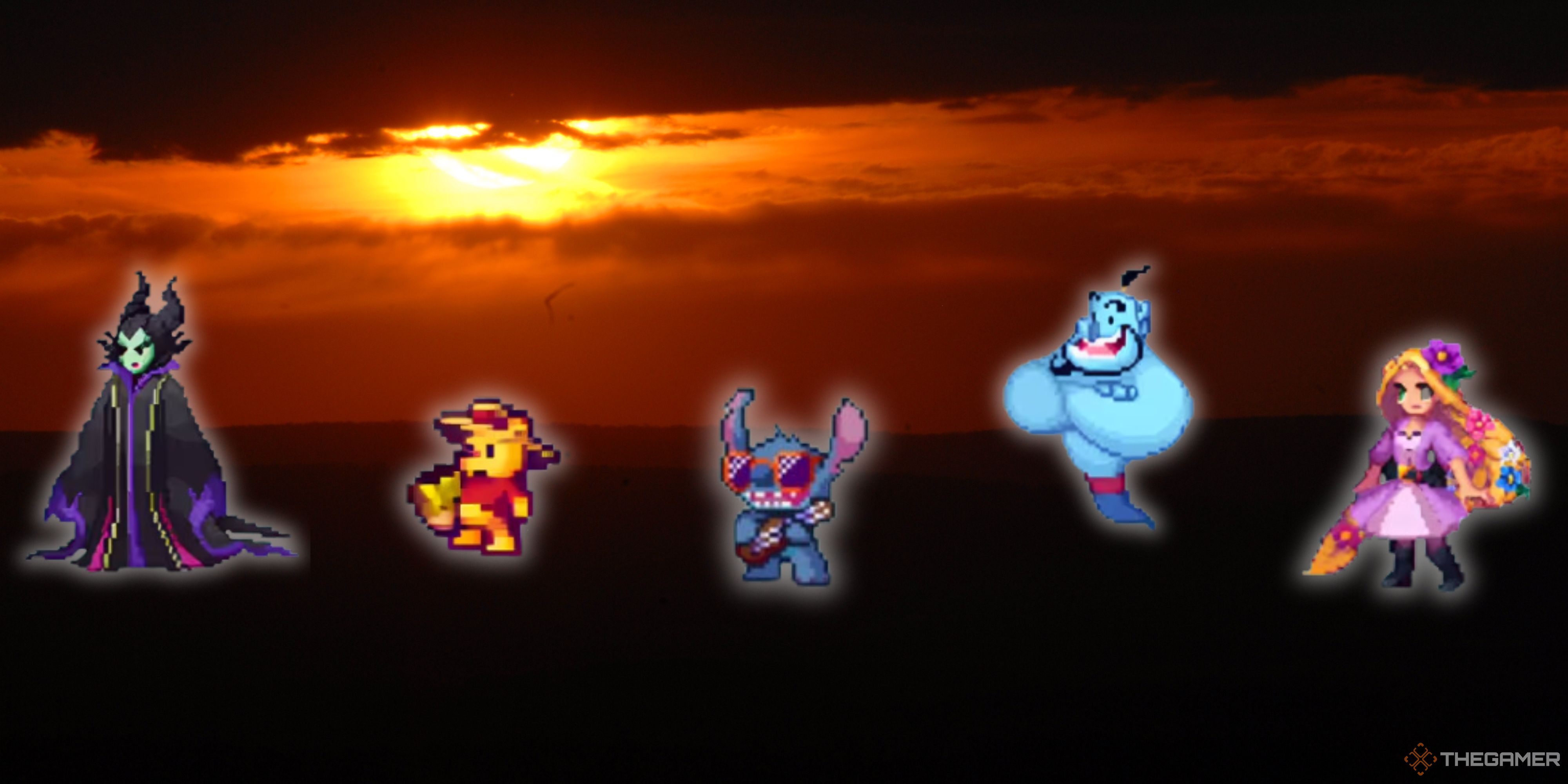 Maleficent, Pooh, Stitch, Genie, and Rapunzel are lined up against a sunset.