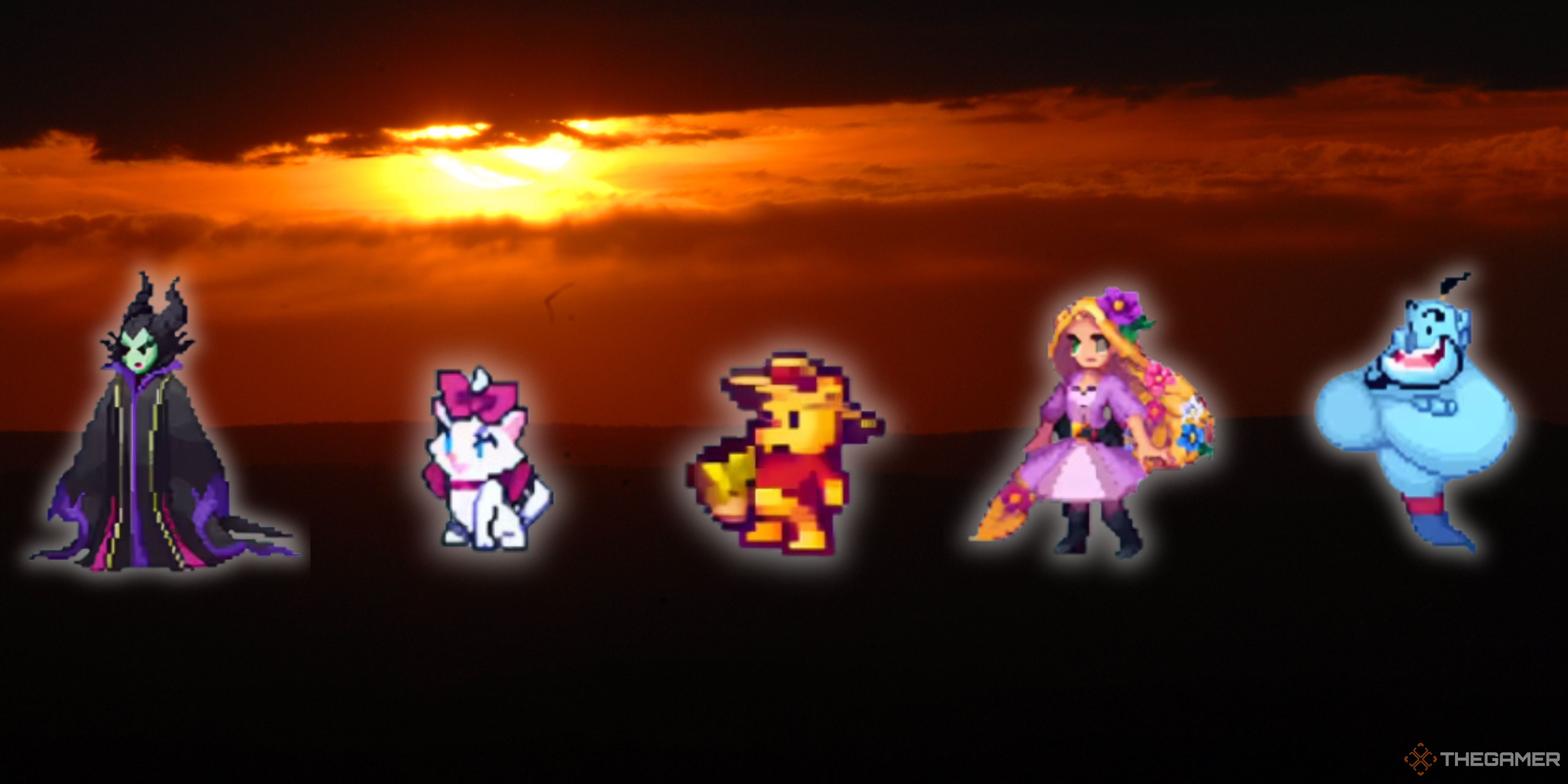 Maleficent, Marie, Pooh, Rapunzel, and Genie are lined up against a sunset. of Disney Pixel RPG.