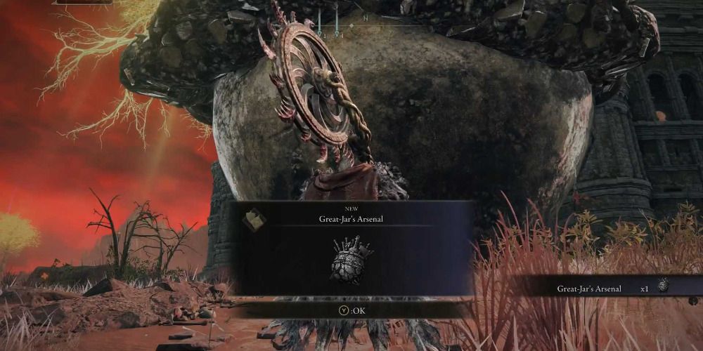 Player receiving the Great-Jar's Arsenal Talisman in Elden Ring.