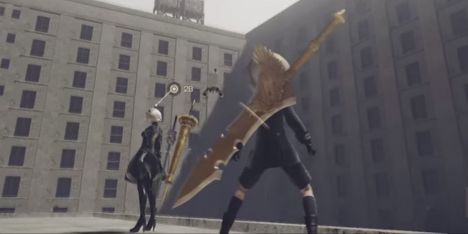 2B and 9S standing on rooftop in City Ruins in Nier Automata.