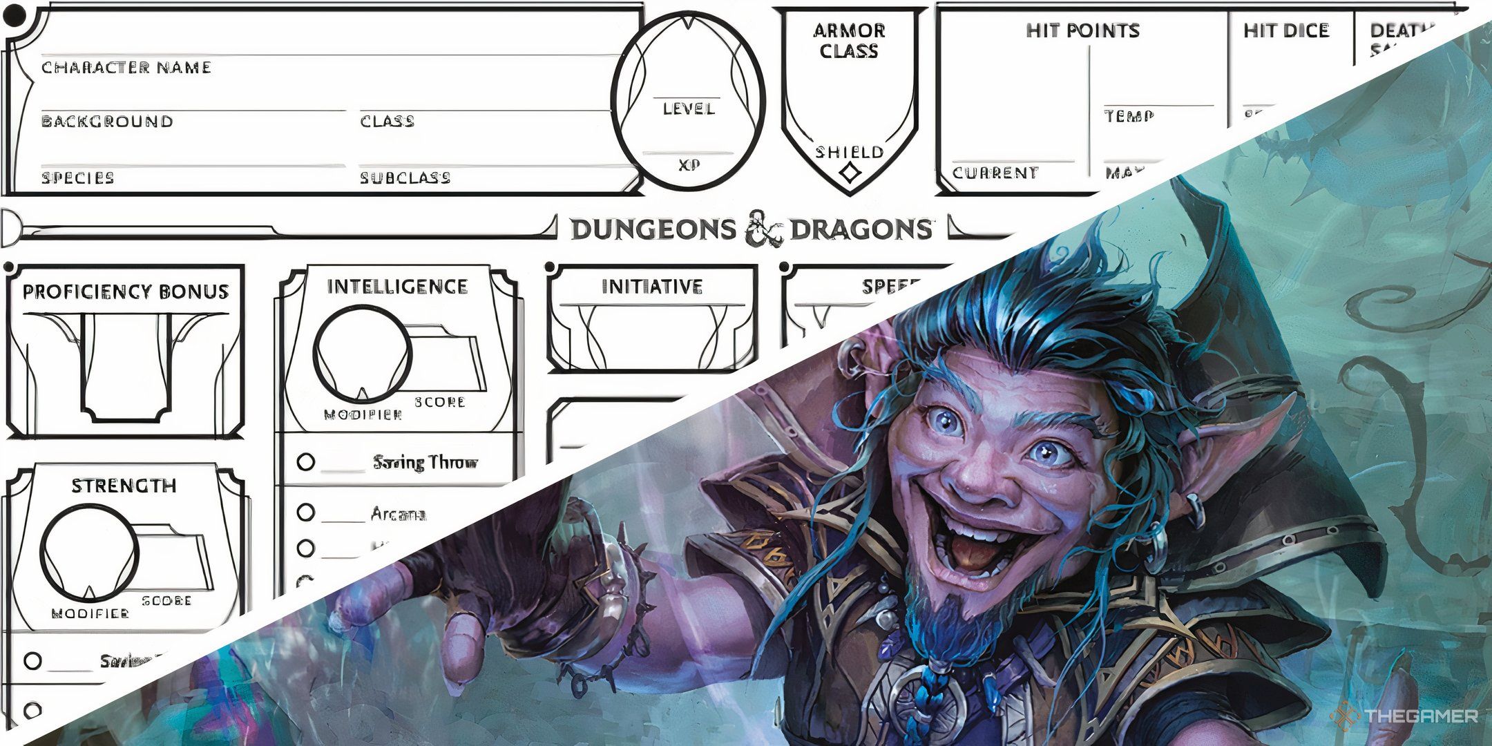 Dungeons & Dragons 2024 character sheet with a gnome warlock looking up at it happily.