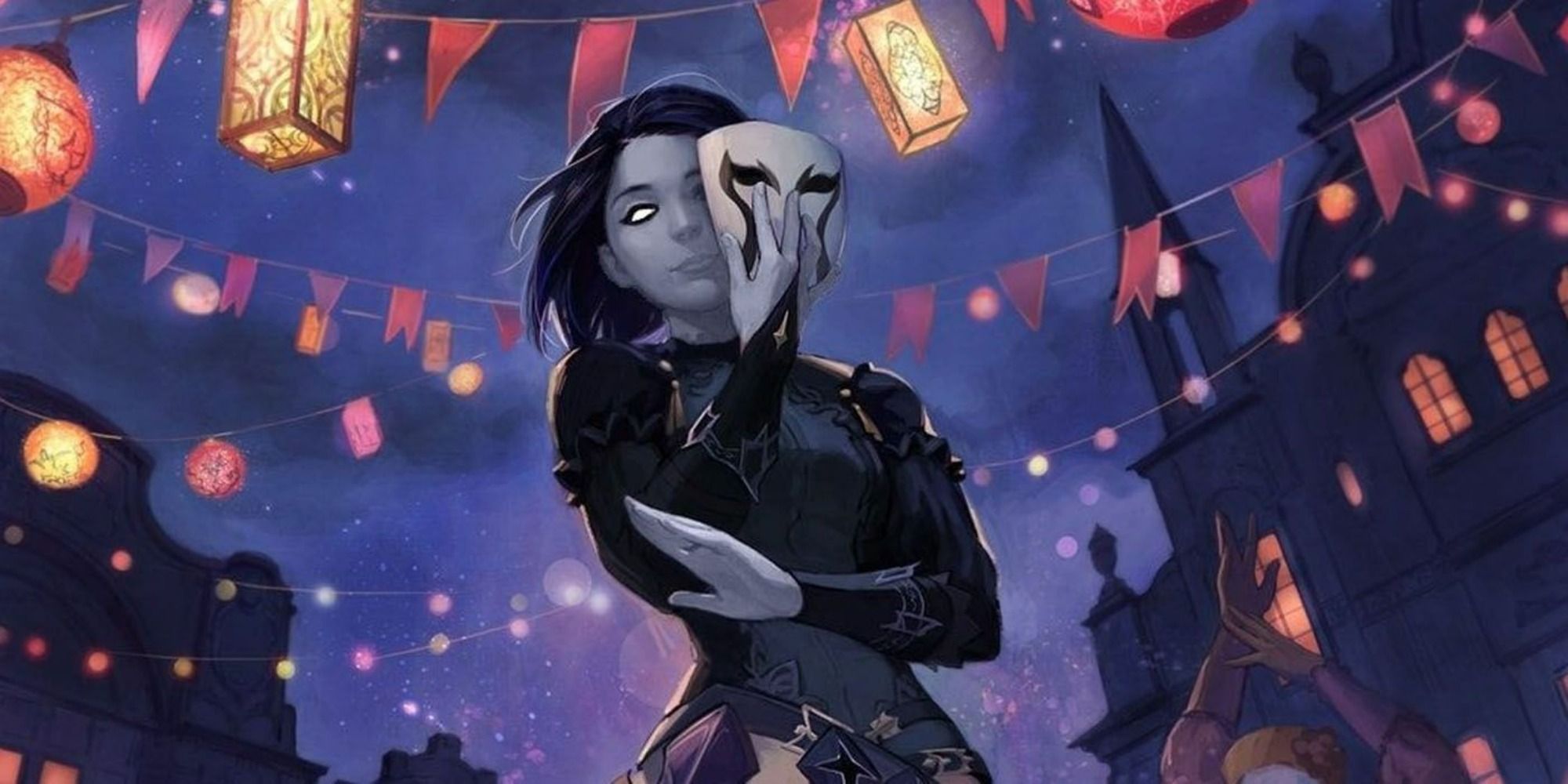 Dungeons & Dragons art of a Changeling in a festival, holding a mask over half of their face.