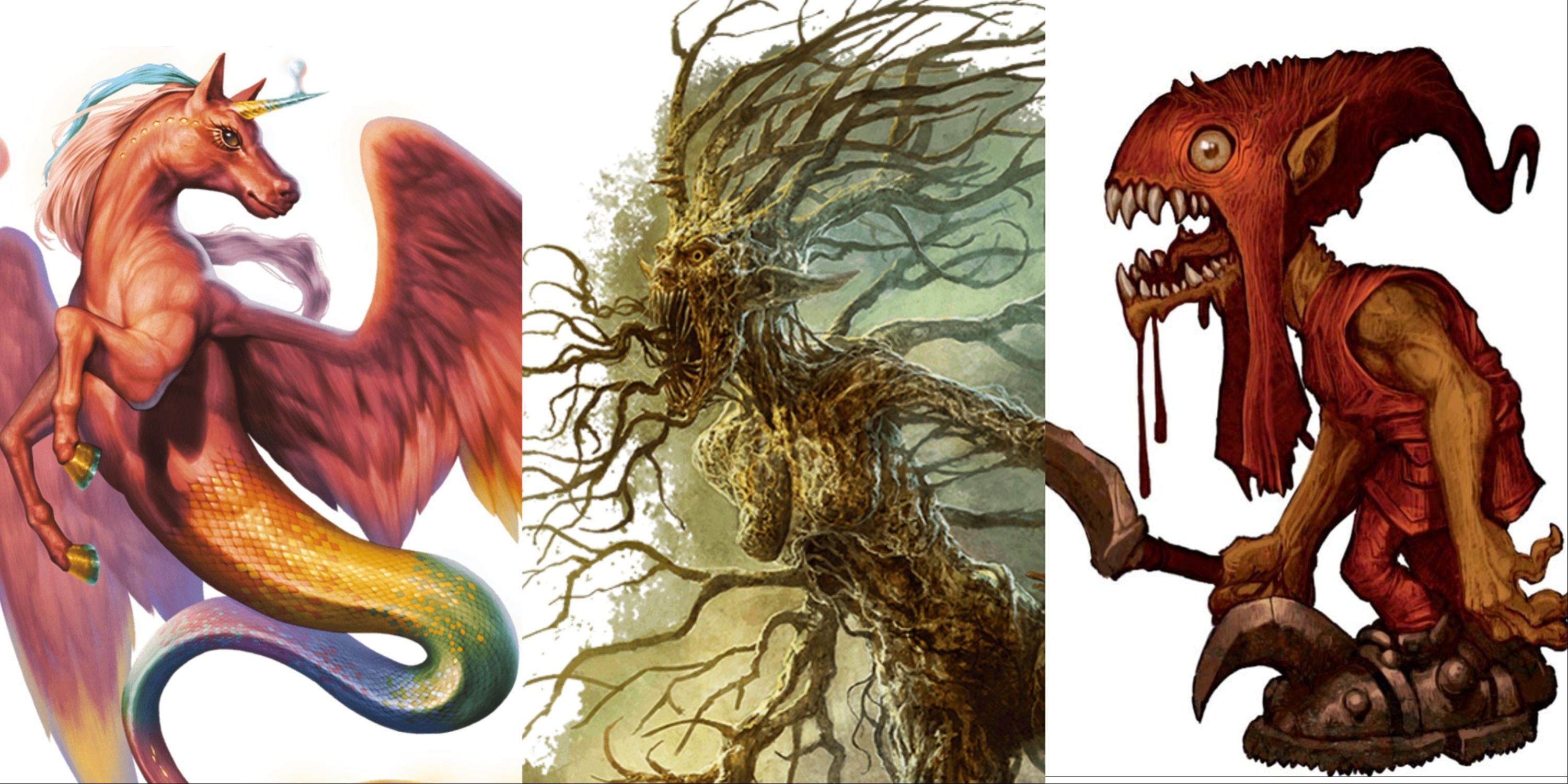 A collage of three Fey Dungeons & Dragons monsters. From left to right is Coral, a Deadbark Dryad and a Madcap.