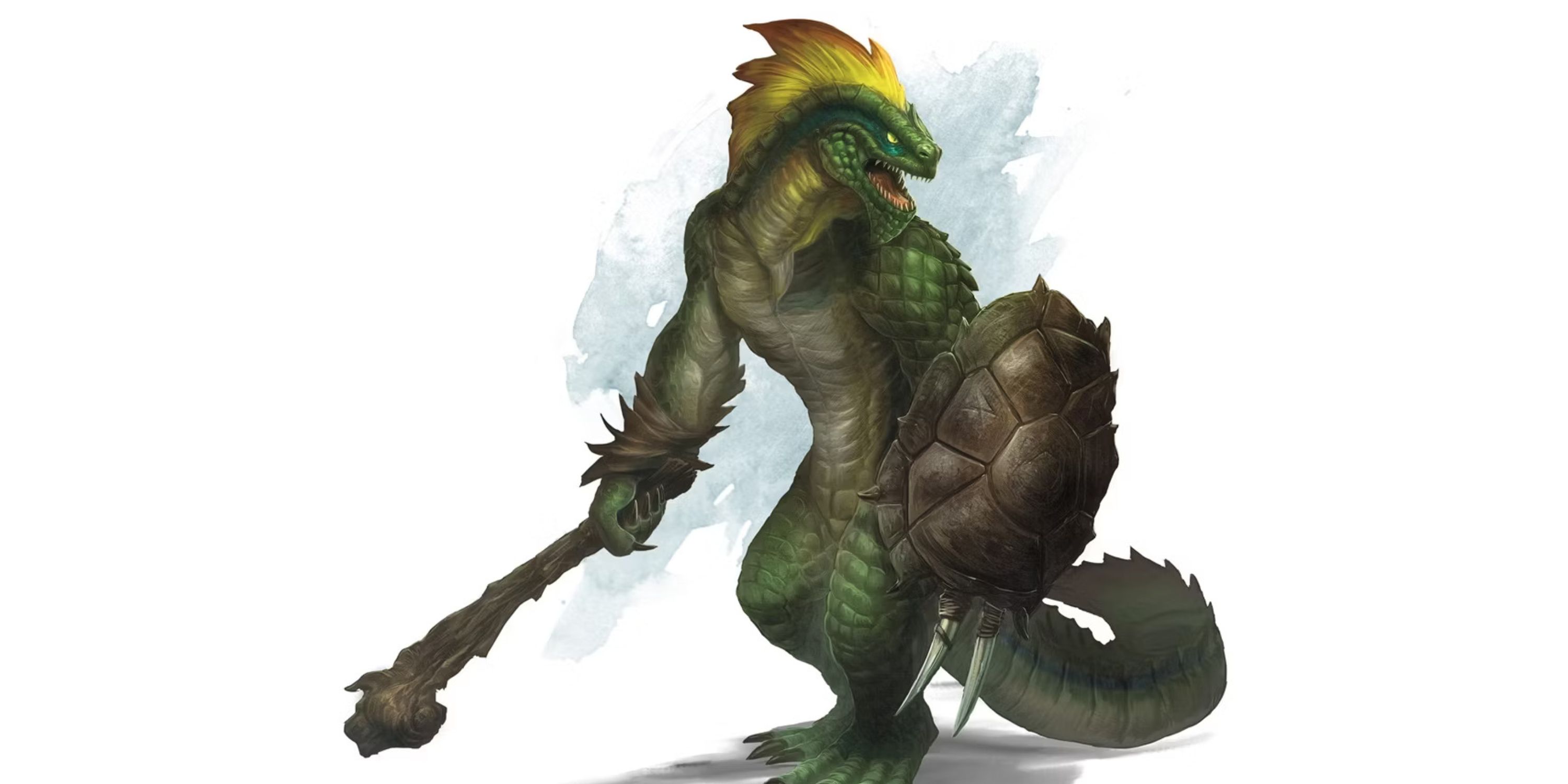 A Lizardfolk, a species from Dungeons & Dragons, holding a shield and club