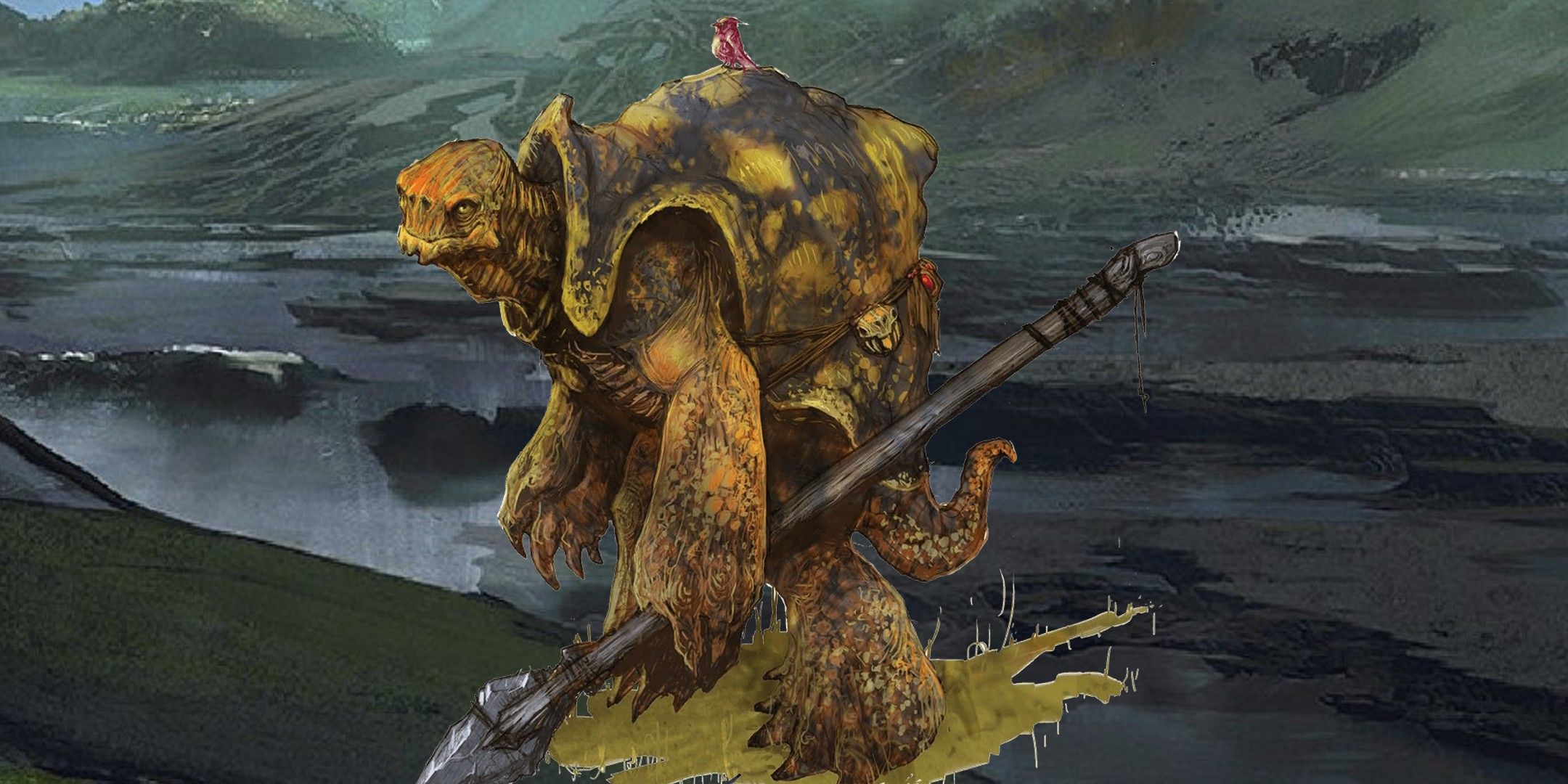 Dungeons & Dragons Tortle holding a spear with a red bird perched on their shell.