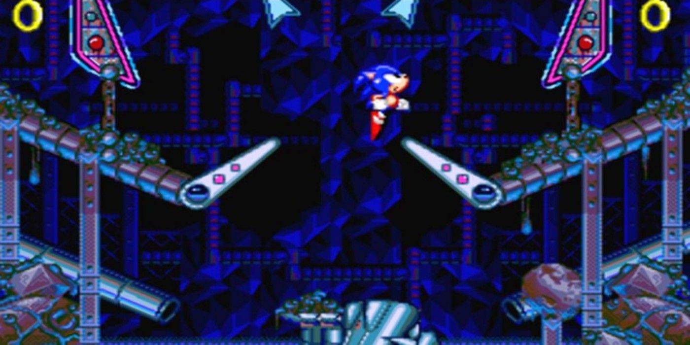 Sonic jumping inside a pinball machine in Sonic Spinball.