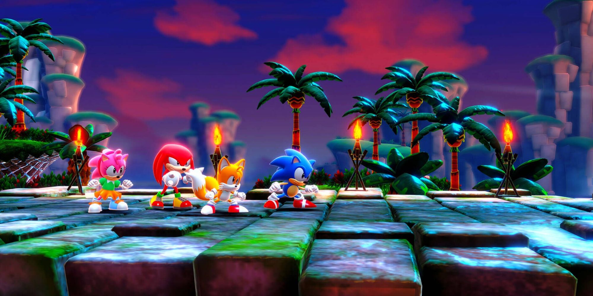 Amy, Knuckles, Tails, and Sonic preparing to fight a boss in Sonic Superstars.