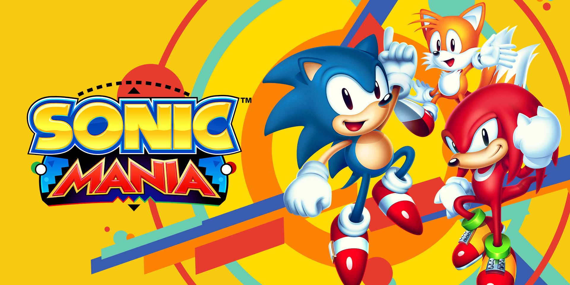 Sonic, Tails and Knuckles with the Sonic Mania logo to the left.