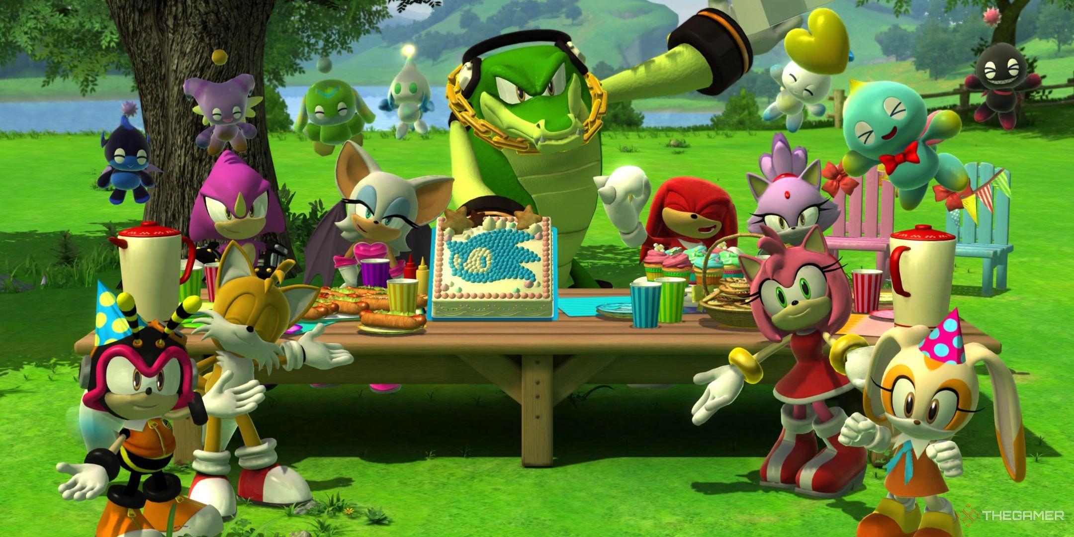 The whole gang of Sonic characters with a birthday cake in Sonic X Shadow Generations.