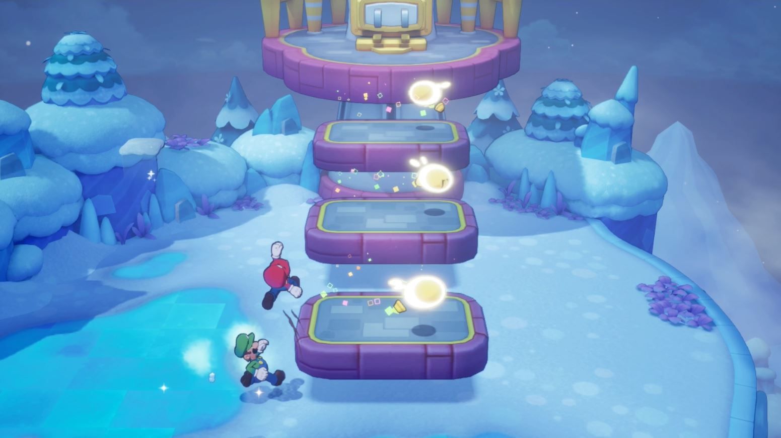 Sprite Bulbs on the steps of a lighthouse in Mario & Luigi: Brothership.