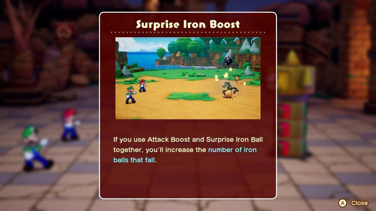 The tutorial for Surprise Iron Boost from Mario & Luigi: Brothership. 