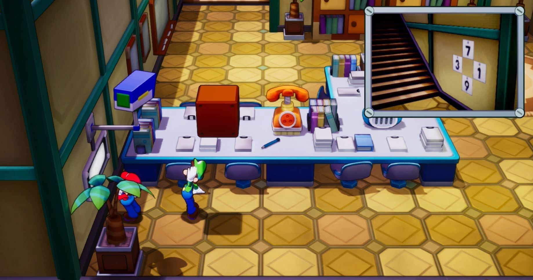 A security camera pointing at the numbers 7,3,1, and 9, with 9 in the bottom quadrant in Mario & Luigi: Brothership. 