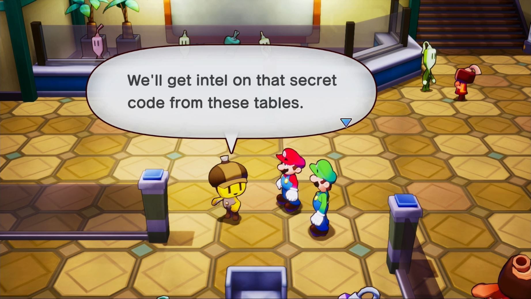 Yellow guying telling Mario "We'll get intel on that secret code from these tables." in Mario & Luigi: Brothership.