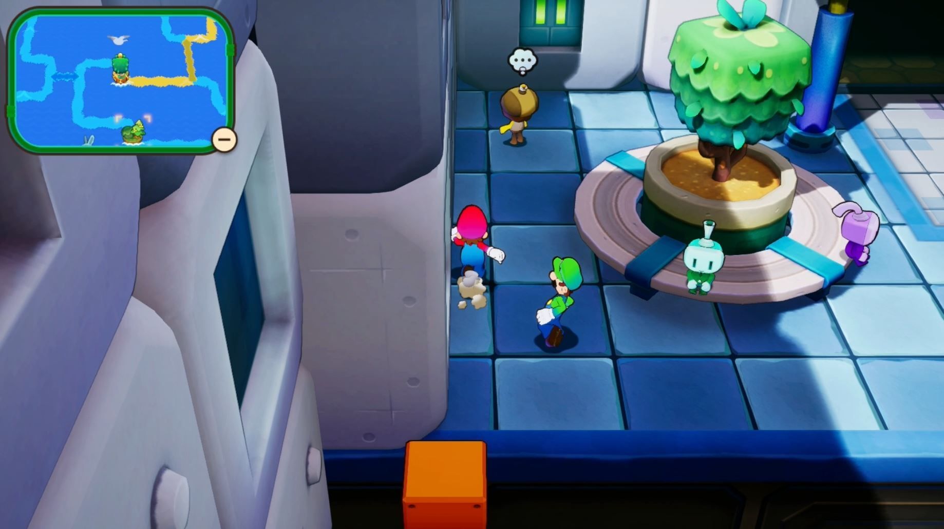 Yellow guy lurking outside of a bulding as Mario and Luigi approach in Mario & Luigi: Brothership.