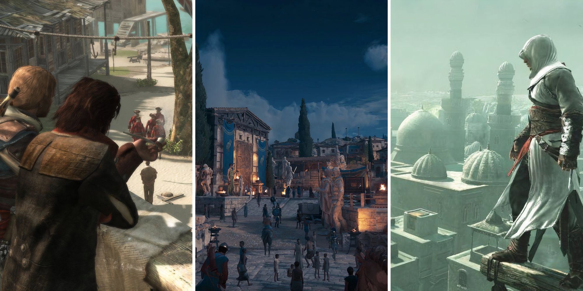 A grid showing the cities in the Assassin's Creed games of Assassin's Creed Black Flag, Assassin's Creed Odyssey, and Assassin's Creed