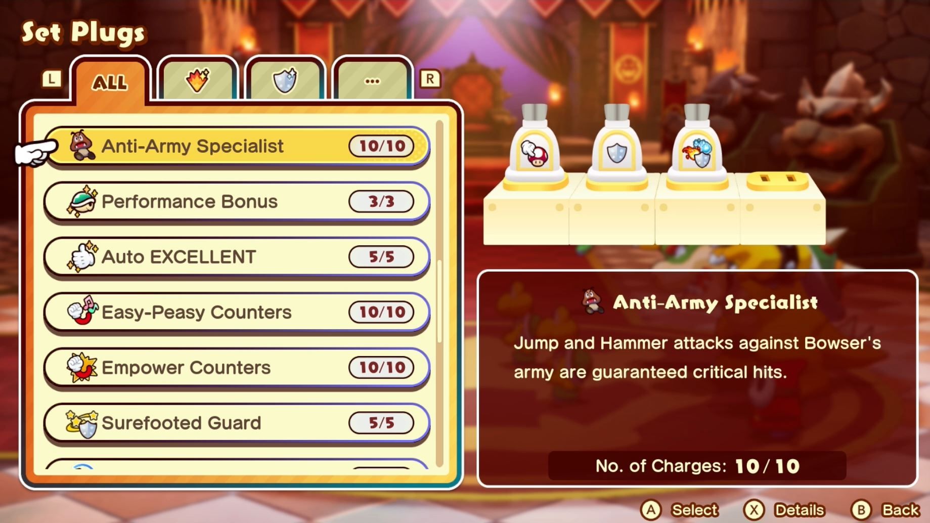 Choosing a battle plug from a menu in Mario & Luigi: Brothership.