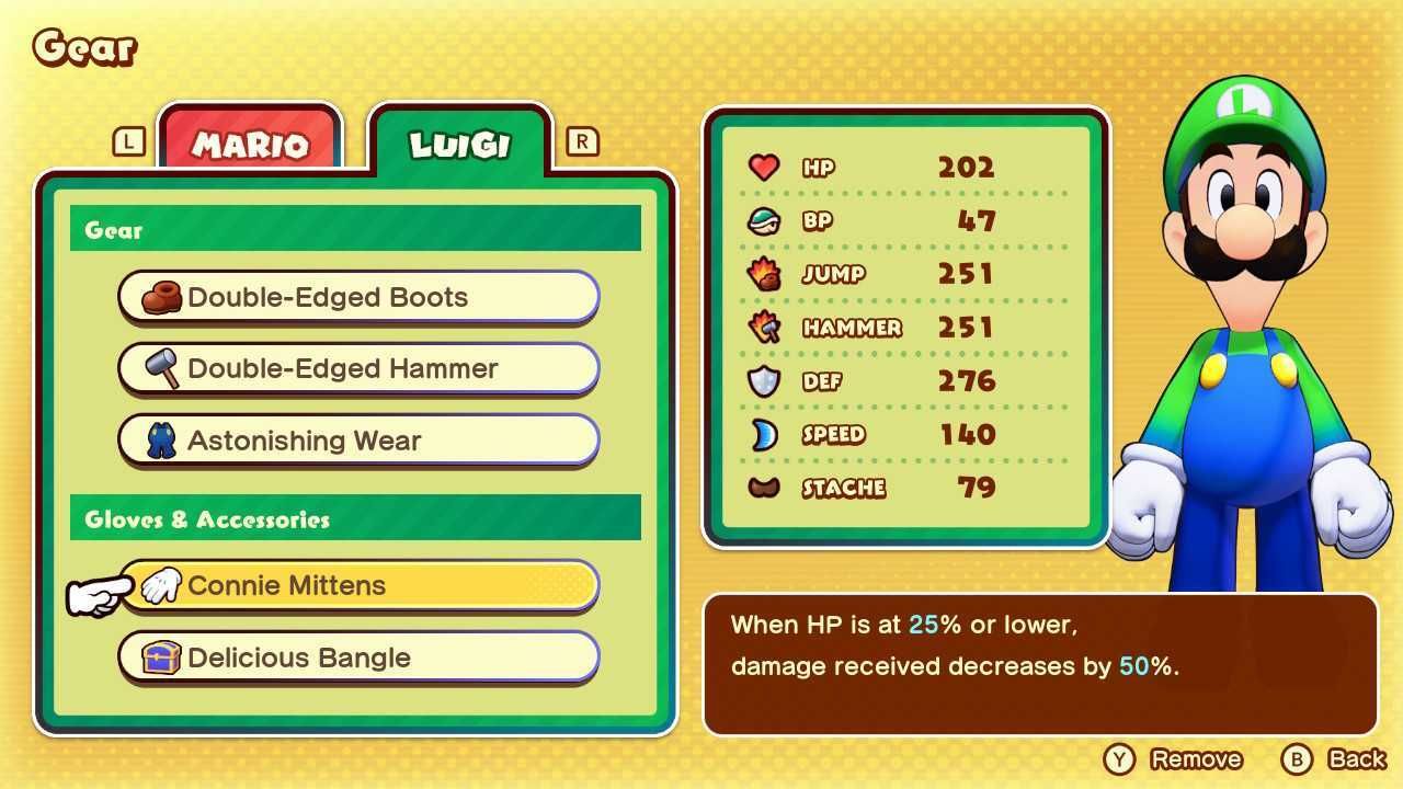 Luigi's gear page in Mario & Luigi: Brothership.