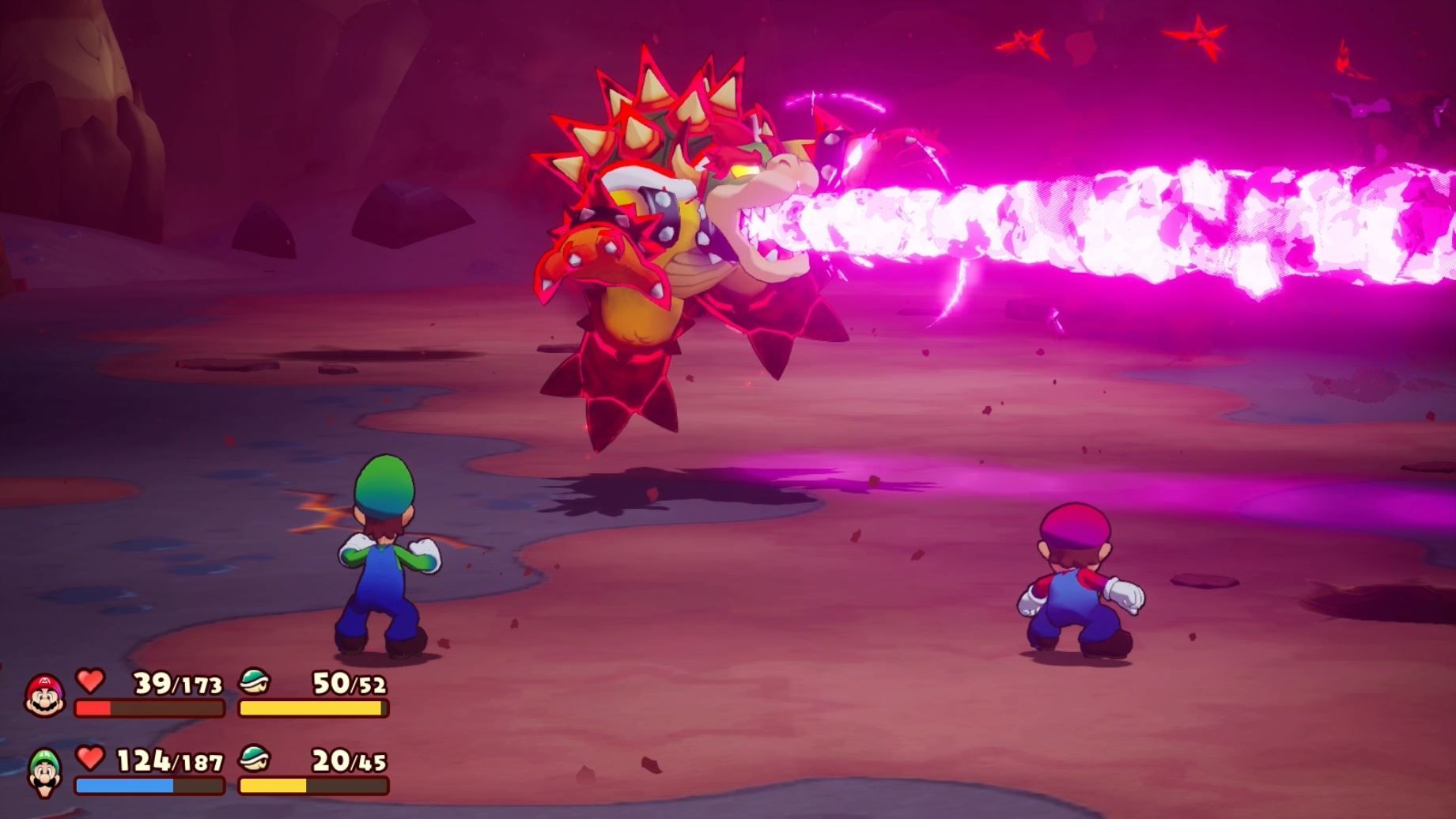 Glohm Bowser shooting a purple beam out of his mouth in Mario & Luigi: Brothership.