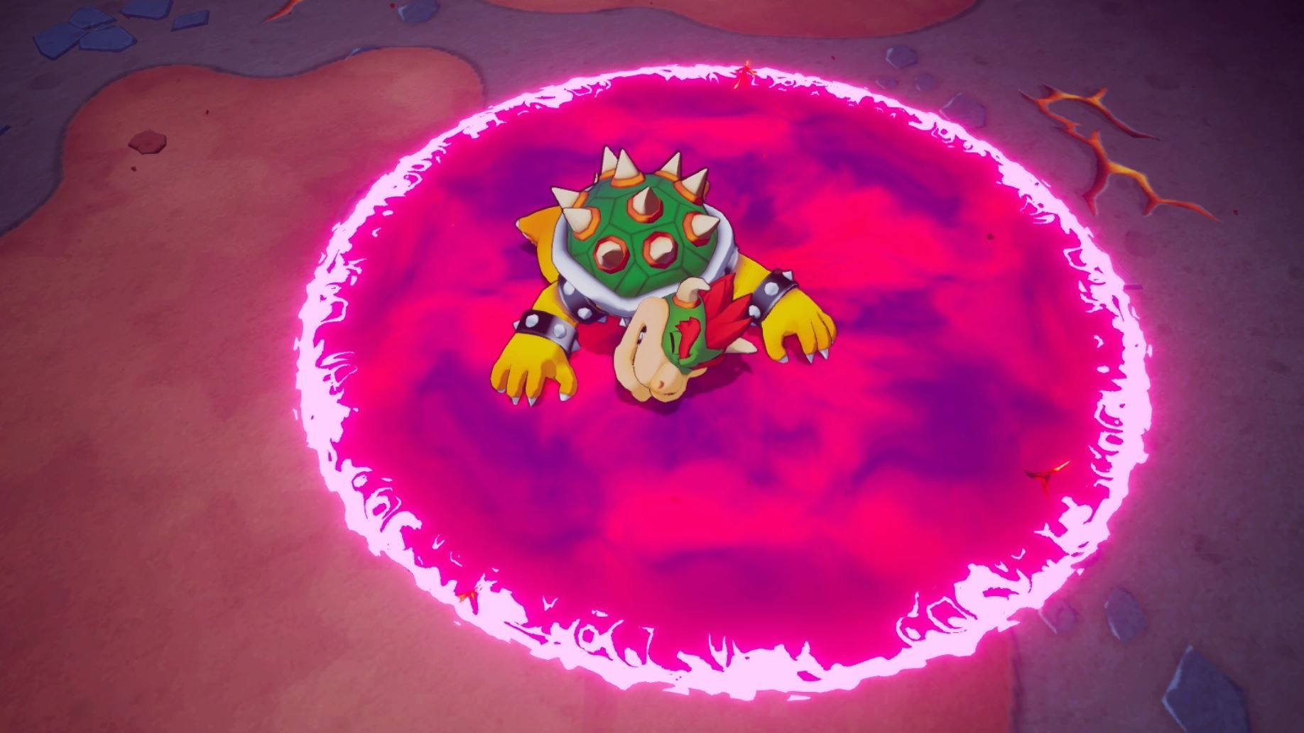 Glohm Bowser laying defeated on the ground in Mario & Luigi: Brothership.