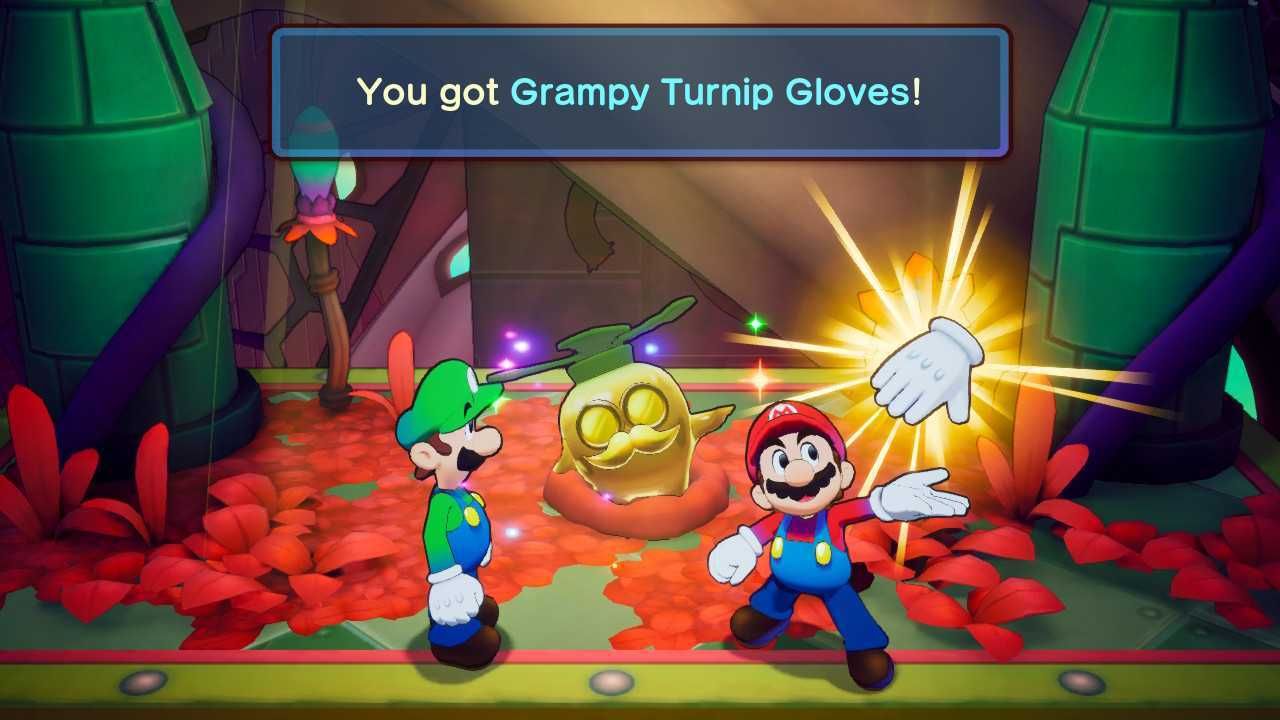 Recieving Grampy Turnip Gloves in Mario & Luigi Brothership.