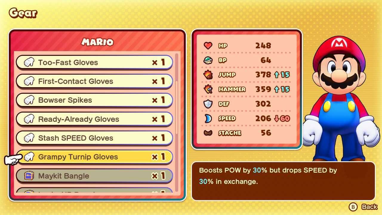 Grampy Turnip Gloves stats in Mario & Luigi Brothership.