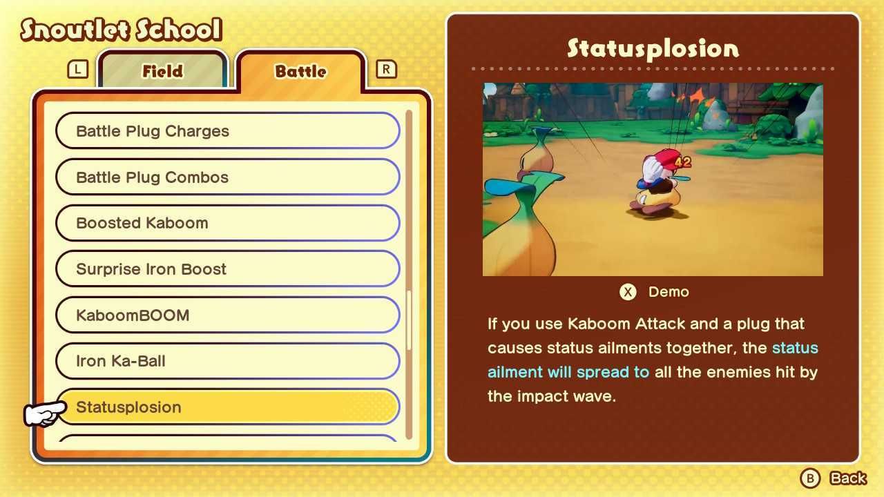 Statusplosion battle plug combo from Mario and Luigi Brothership.