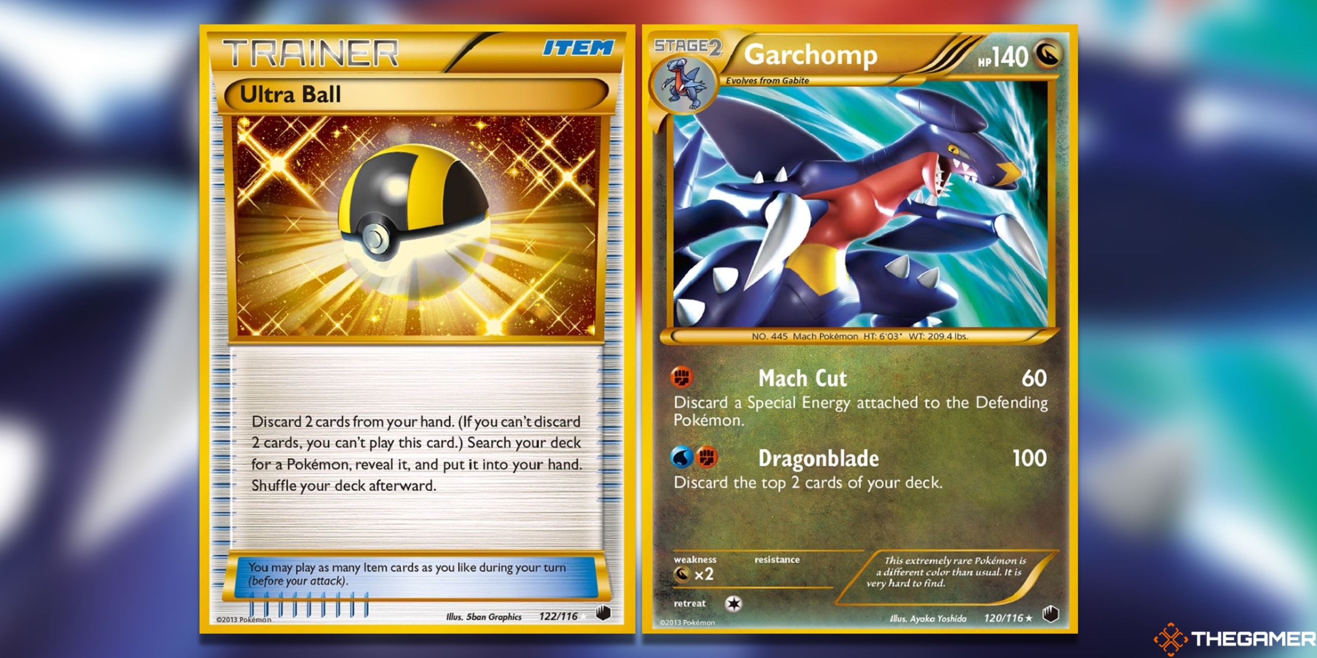 The Ultra Ball and Garchomp Secret Rares from Plasma Freeze in the Pokemon TCG.