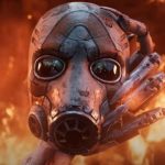 A mask in front of flames during the upcoming PS5 game, Borderlands 4.