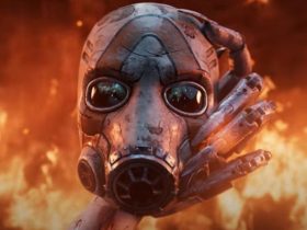 A mask in front of flames during the upcoming PS5 game, Borderlands 4.