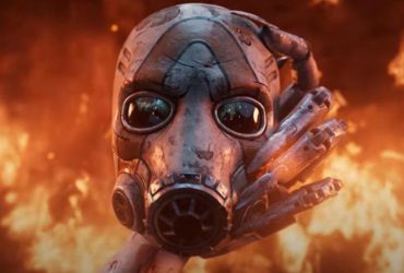 A mask in front of flames during the upcoming PS5 game, Borderlands 4.