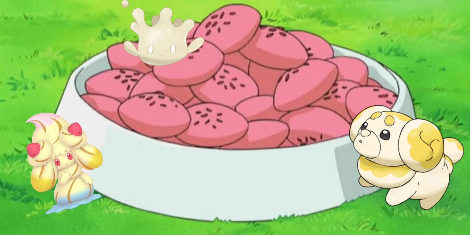 A Alcremie, a Milcery, and a Fidough stand in front of a bowl of Poffins,