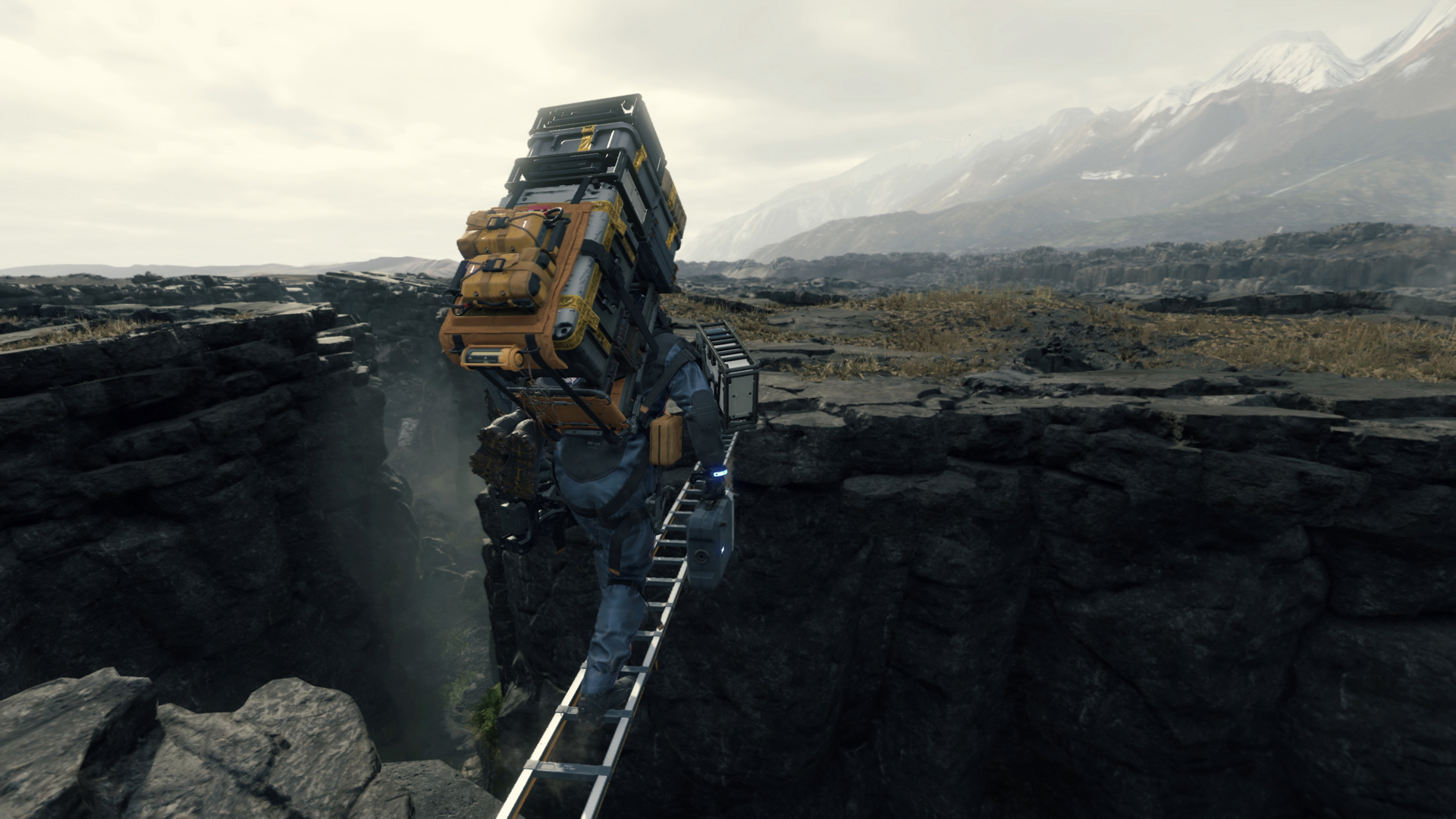 Death Stranding screenshot showing character using a ladder to cross a ravine