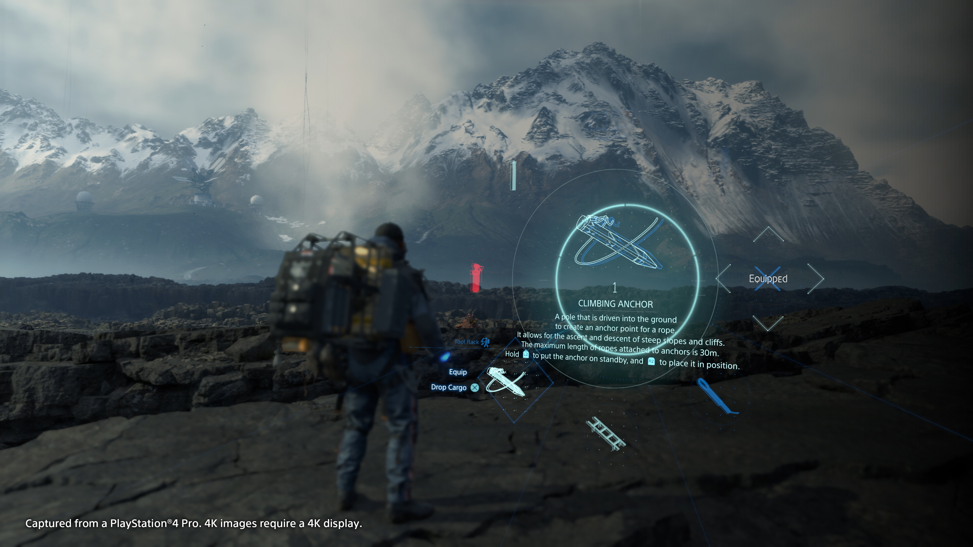 Death Stranding screenshot showing the use of climbing anchors