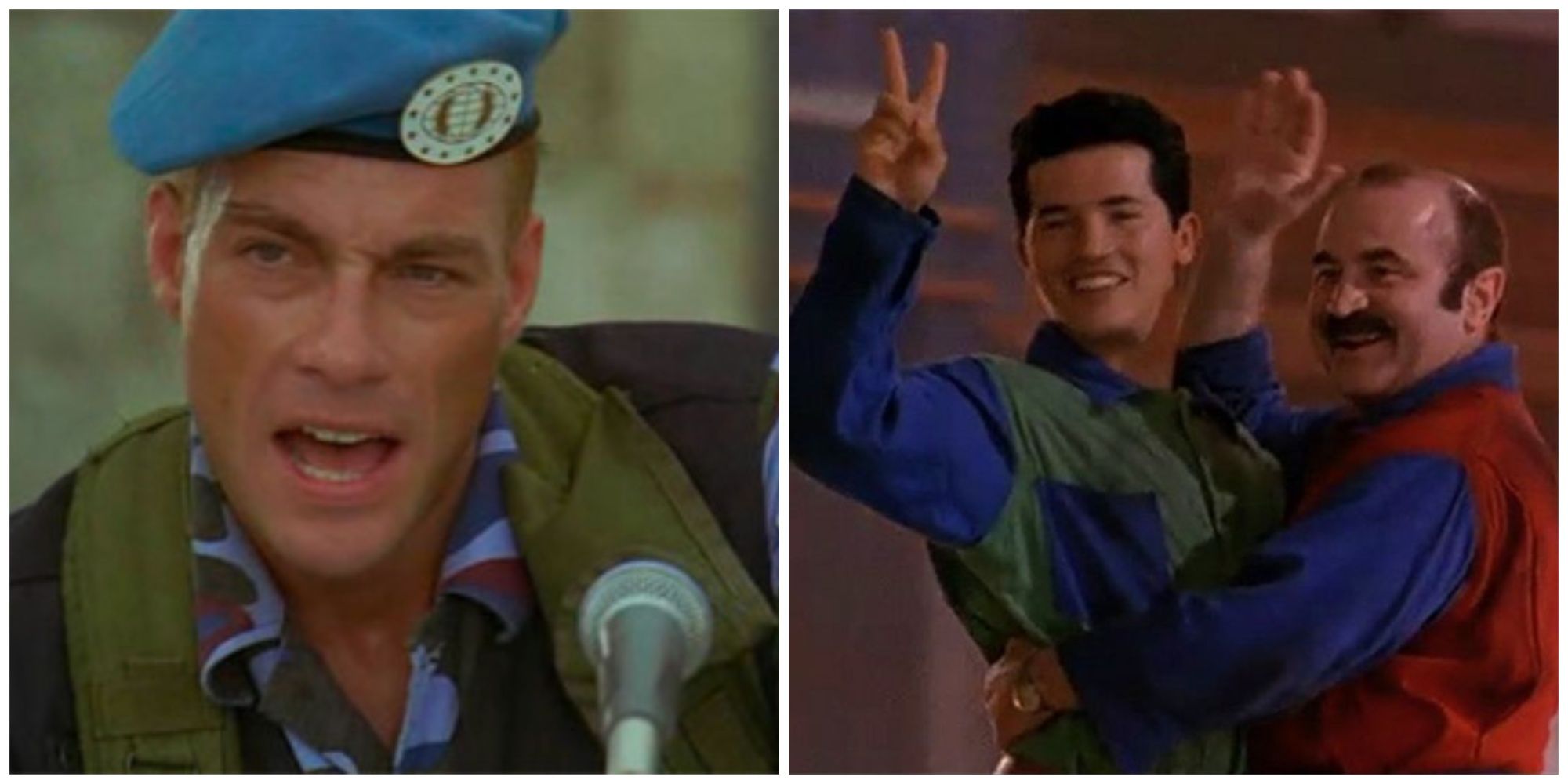 Guile (Jean-Claude Van Damme) giving a press conference, Luigi (John Leguizamo) giving a peace sign while being hugged by Mario (Bob Hoskins) raising his hand