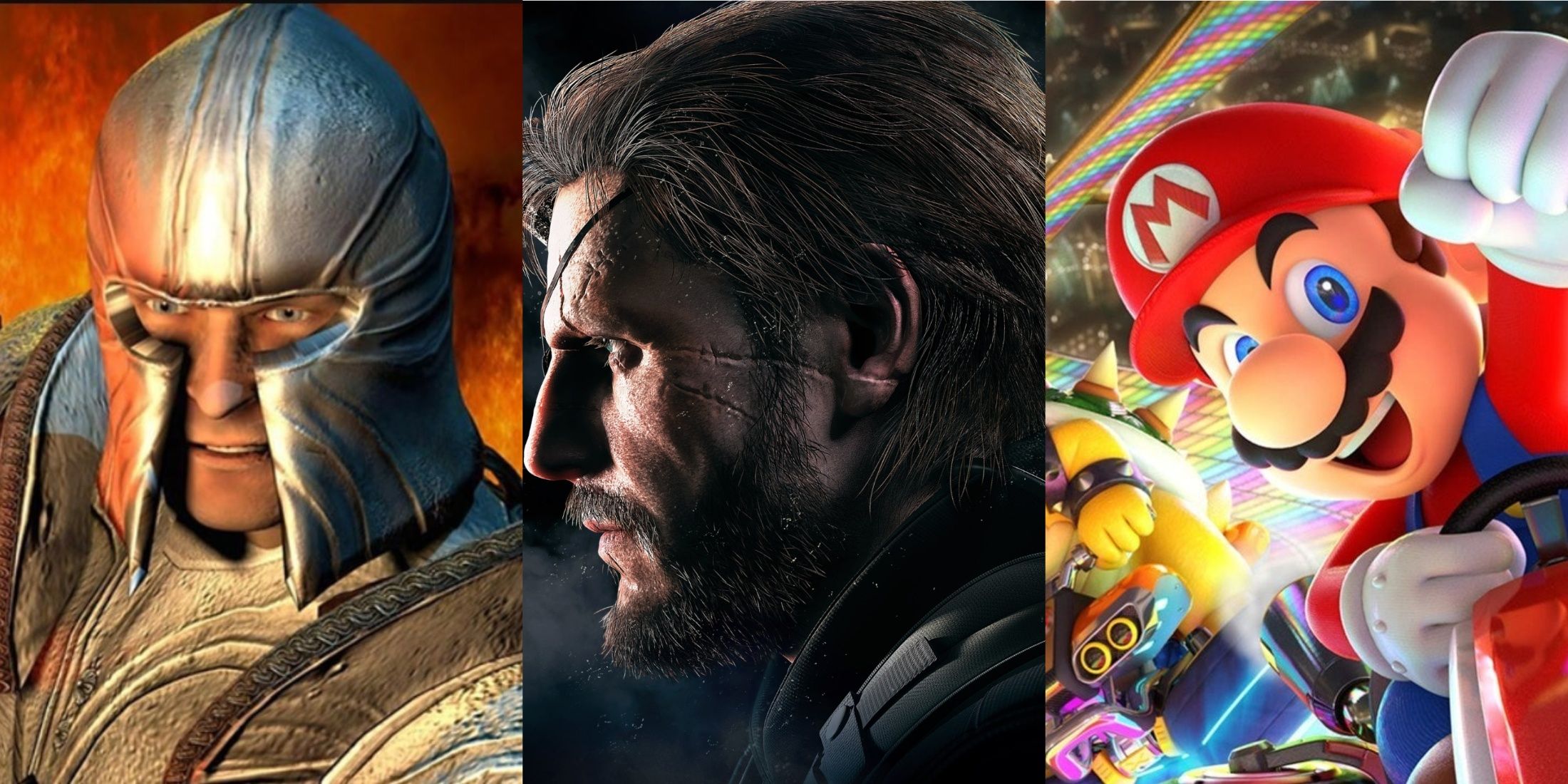 Stills from Oblivion, Metal Gear Solid 5, and Mario Kart 8