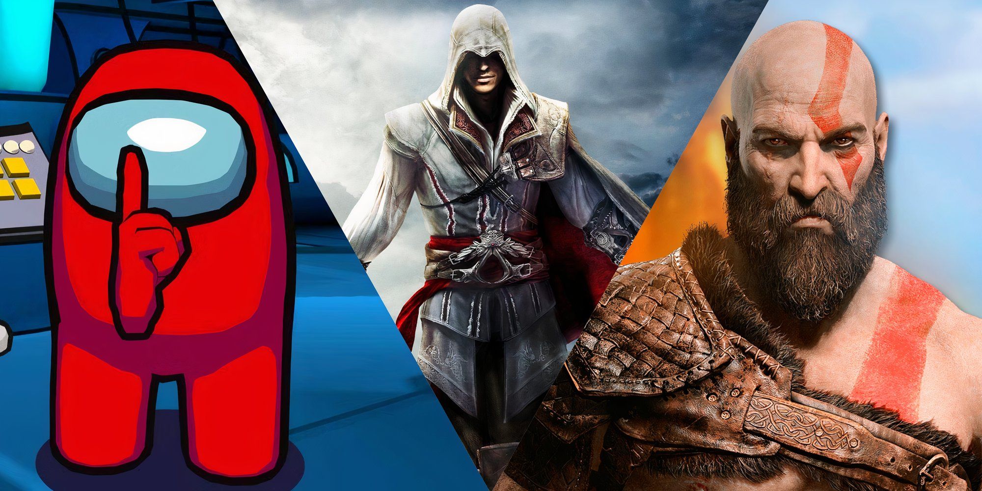 Red from Among Us, Ezio Auditore from Assassin's Creed, and Kratos from God of War