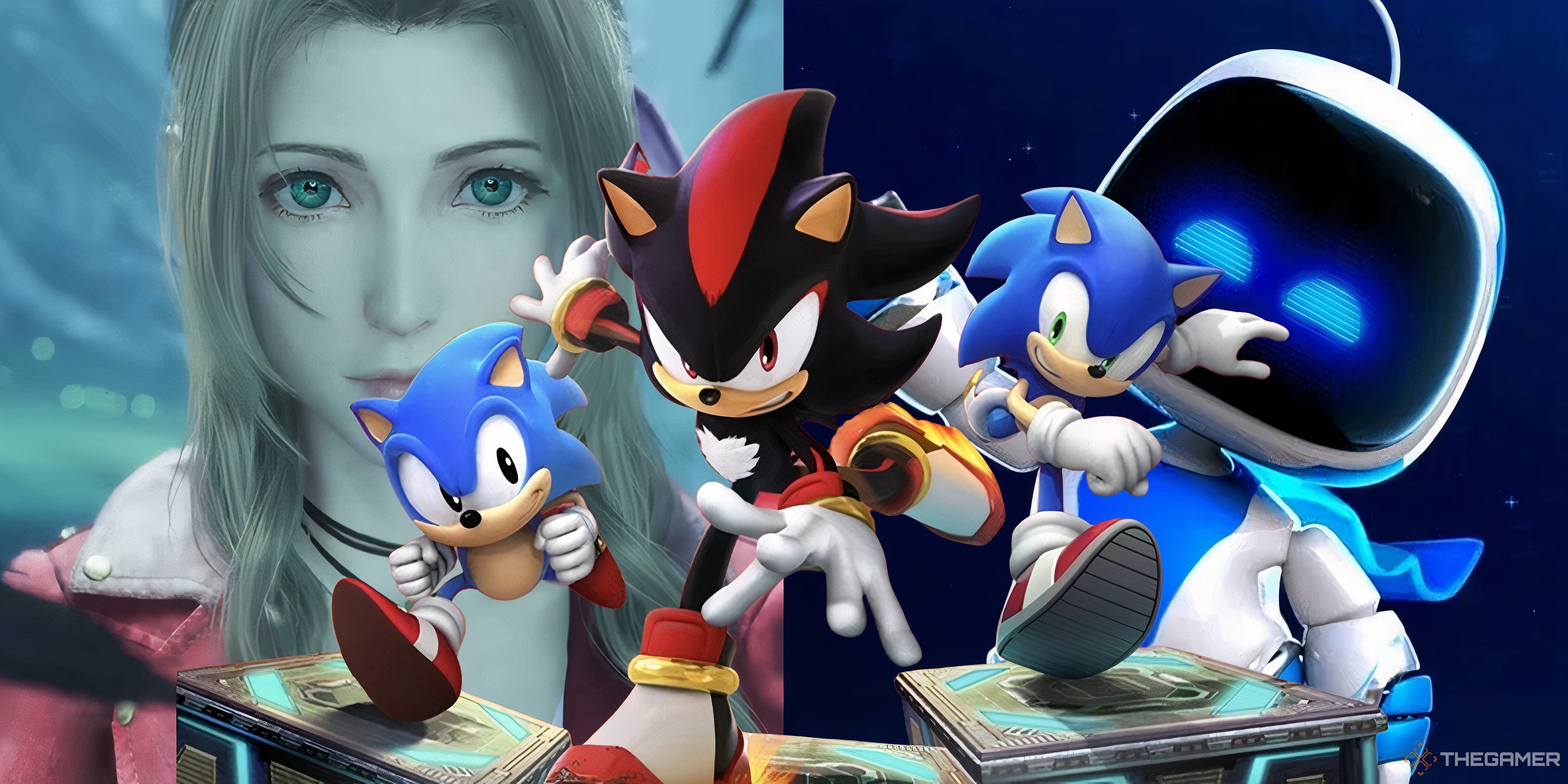 old sonic, shadow, and new sonic running in front of aerith and astro bot.