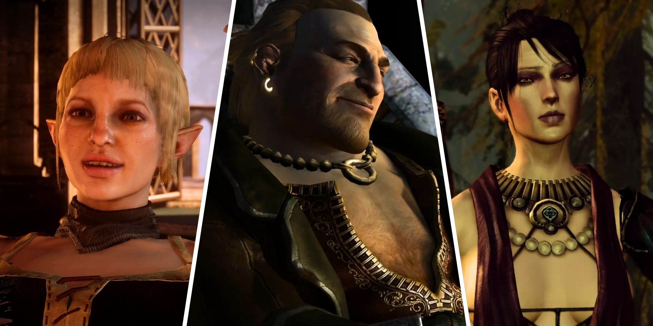 Split image of Sera from Dragon Age Inquisition Varric from 2 and Morrigan from Origins