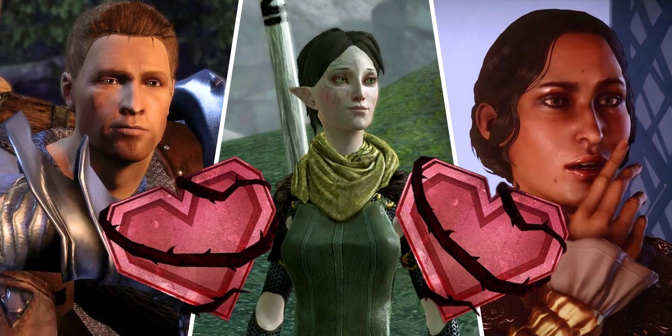 A split image of Alistair, Merrill, and Joesphine from the Dragon Age series with hearts over top.