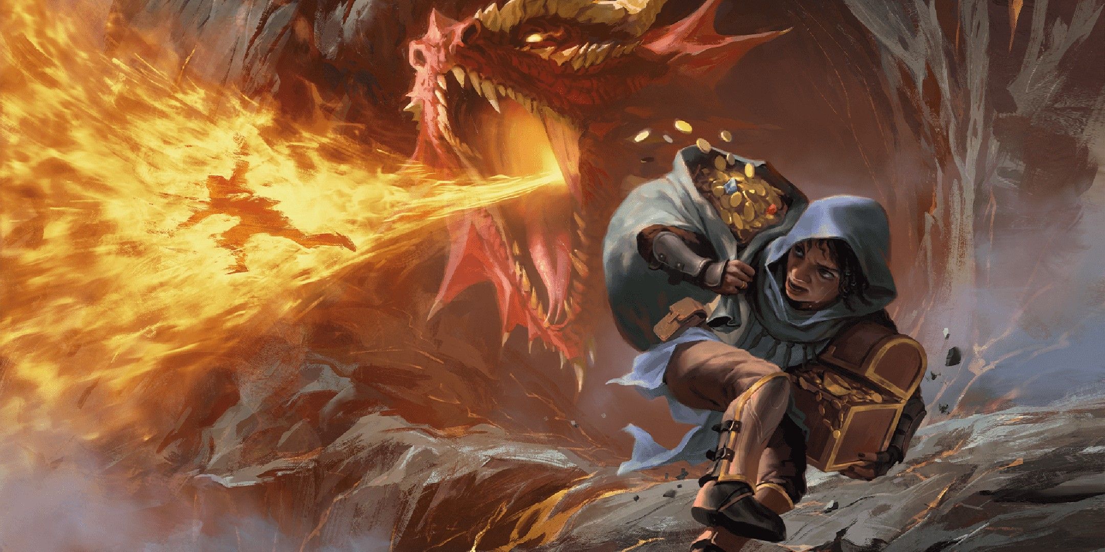 Dungeons & Dragons image showing a rogue carrying gold as a different adventurer gets pulverized by a red dragon.