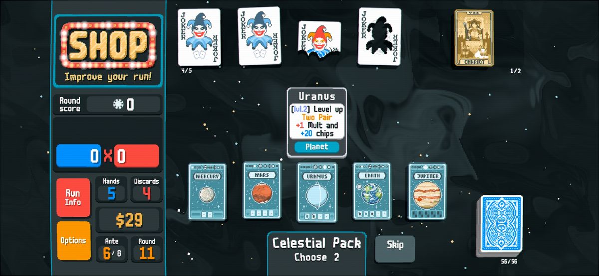 Opening a Celestial Pack in Balatro, hovering over Uranus