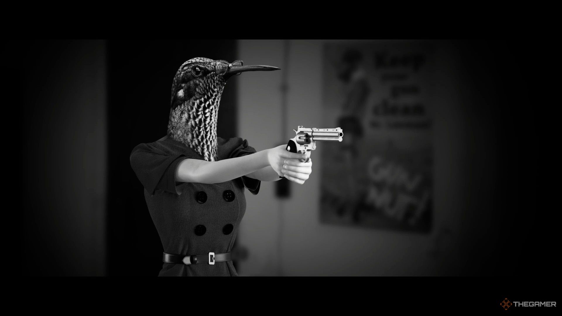 Monice is using a gun inside the shooting range in Chicken Police - Into The Hive