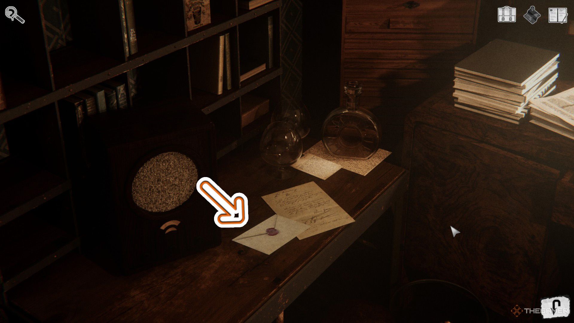 An arrow shows the location of a letter on Frank's table in Chicken Police - Into The Hive