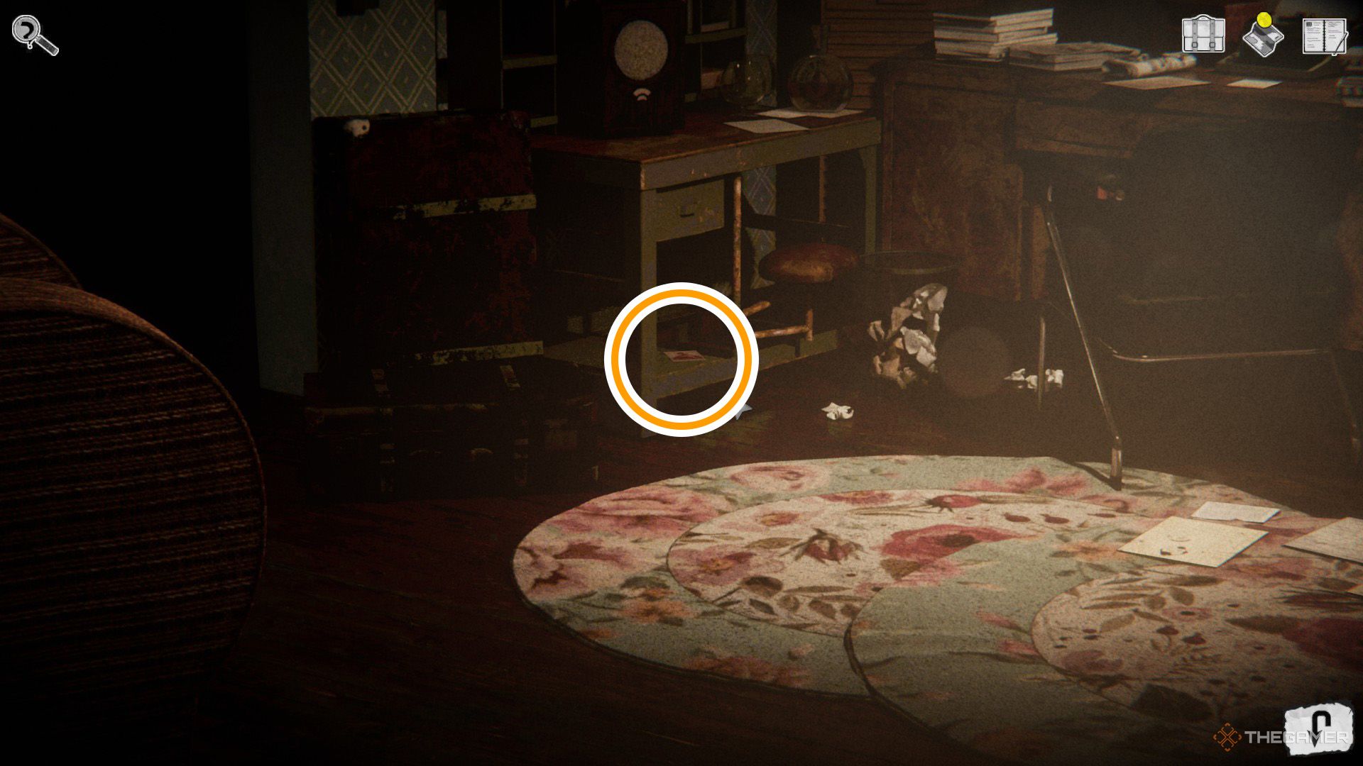 An orange circle shows the location of a collectible item at Frank's apartment in Chicken Police - Into The Hive