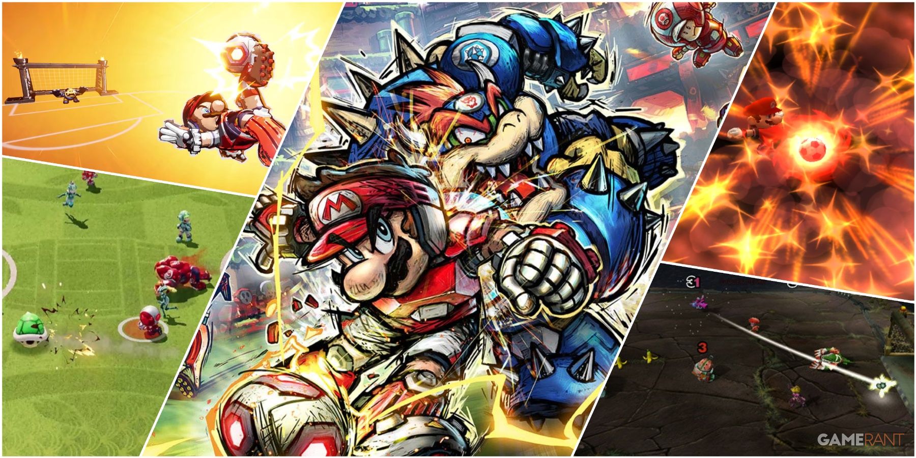 A Collage Of Various Key Art & Key Stills From The Mario Strikers Series