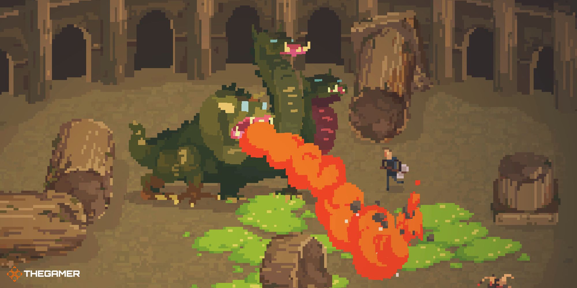 A three-headed monster breathes fire as the player evades.