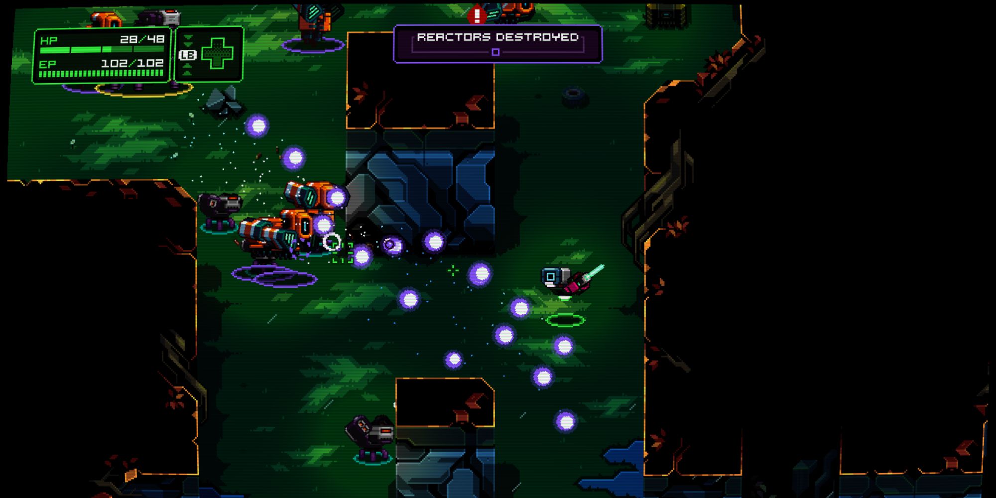 A wide isometric shot of a large group of robots firing projectiles at the small player character in a grungy green environment. 